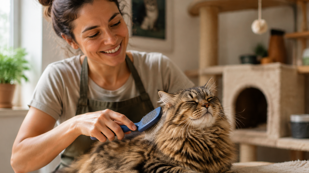 Mulher penteando gato durante atividade de cuidado e proteção de animais.