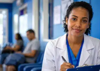 Profissional de saúde em unidade de atendimento, representando a formação em residência especializada.