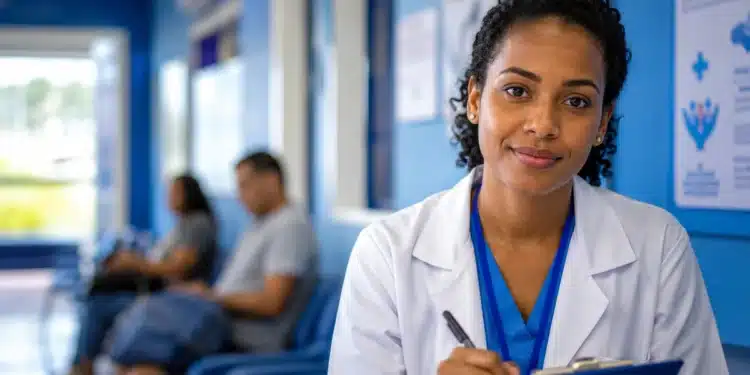 Profissional de saúde em unidade de atendimento, representando a formação em residência especializada.