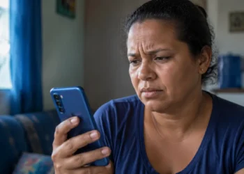 Mulher preocupada segura celular em casa durante instabilidade no acesso ao aplicativo Caixa Tem.