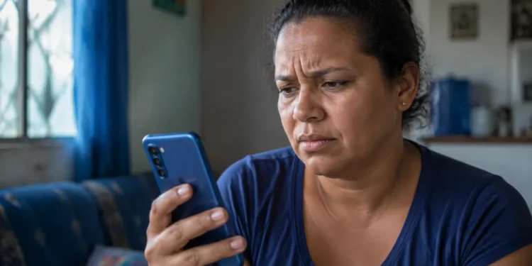 Mulher preocupada segura celular em casa durante instabilidade no acesso ao aplicativo Caixa Tem.