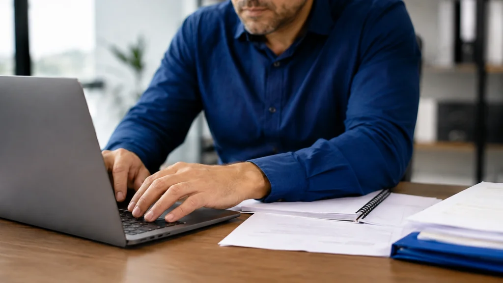 Representante de instituição utiliza notebook ao lado de documentos para solicitar cadastro na Plataforma Sucupira.
