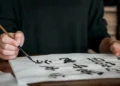 Pessoa praticando a escrita japonesa com pincel e tinta sobre papel, representando o aprendizado do idioma japonês e seus benefícios profissionais.