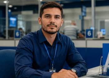 Imagem ilustrativa de bancário de camisa azul sentado no balcão de atendimento de uma agência, representando a jornada de trabalho da categoria