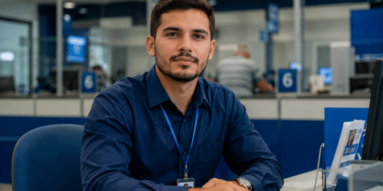 Imagem ilustrativa de bancário de camisa azul sentado no balcão de atendimento de uma agência, representando a jornada de trabalho da categoria