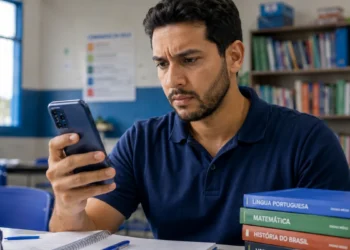 Professor consulta o celular em sala de aula para conferir o cartão com informações sobre o local e o horário da PND 2026.
