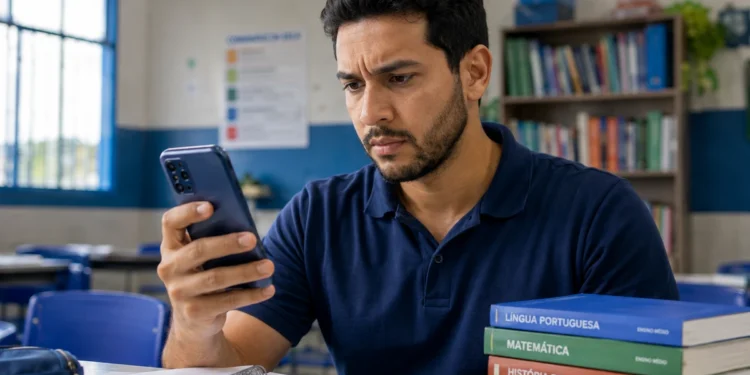 Professor consulta o celular em sala de aula para conferir o cartão com informações sobre o local e o horário da PND 2026.