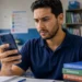 Professor consulta o celular em sala de aula para conferir o cartão com informações sobre o local e o horário da PND 2026.