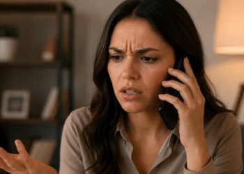 Mulher demonstra irritação ao atender uma ligação indesejada no celular.