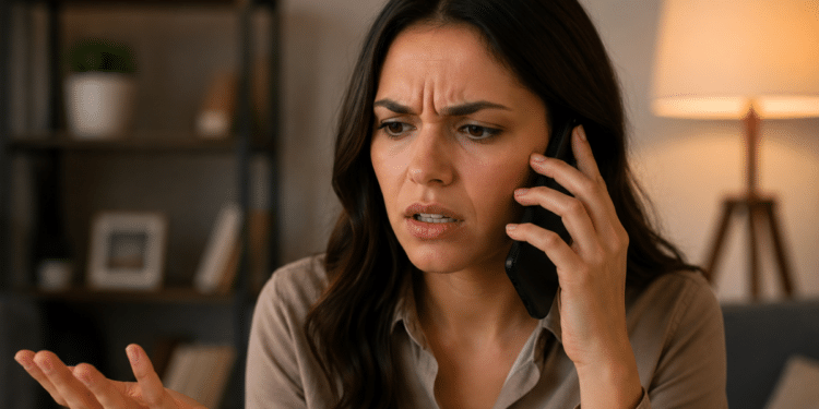 Mulher demonstra irritação ao atender uma ligação indesejada no celular.