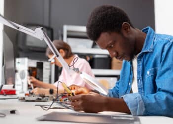 Imagem ilustrativa de jovem concentrado usando lupa e ferramenta para reparar uma placa eletrônica em uma bancada, ao lado de outra aluna, em aula técnica