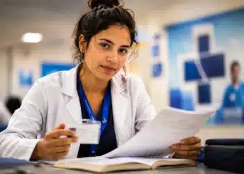 Jovem profissional de saúde com jaleco analisa documentos durante formação em ambiente hospitalar