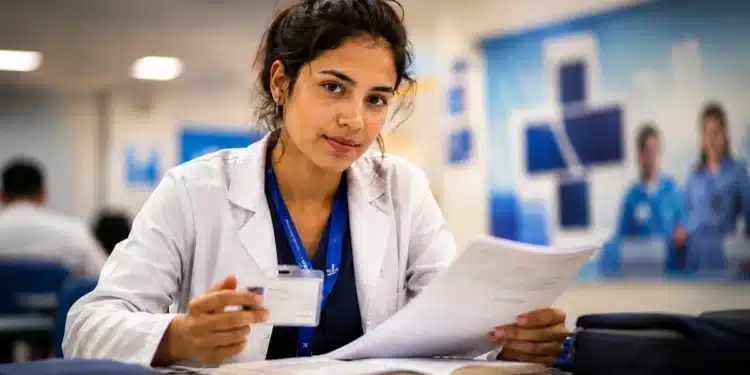 Jovem profissional de saúde com jaleco analisa documentos durante formação em ambiente hospitalar