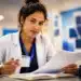 Jovem profissional de saúde com jaleco analisa documentos durante formação em ambiente hospitalar