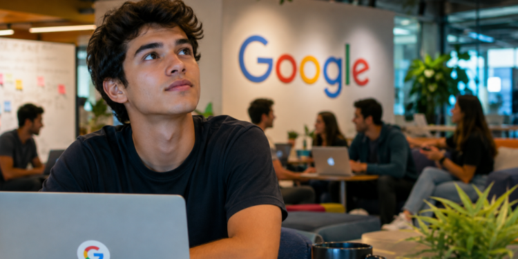Jovem em ambiente corporativo do Google, representando as empresas mais desejadas para trabalhar.