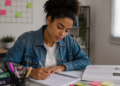 Estudante fazendo anotações em caderno durante preparação para os estudos.