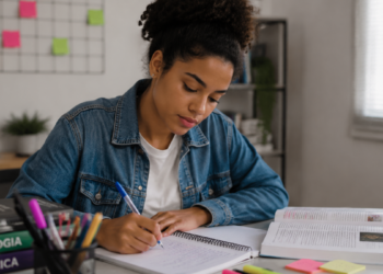 Estudante fazendo anotações em caderno durante preparação para os estudos.