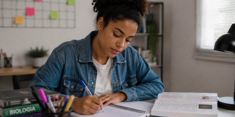Estudante fazendo anotações em caderno durante preparação para os estudos.