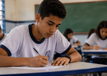 Estudante realiza prova em sala de aula, representando os classificados para a segunda fase da OBMEP 2026.