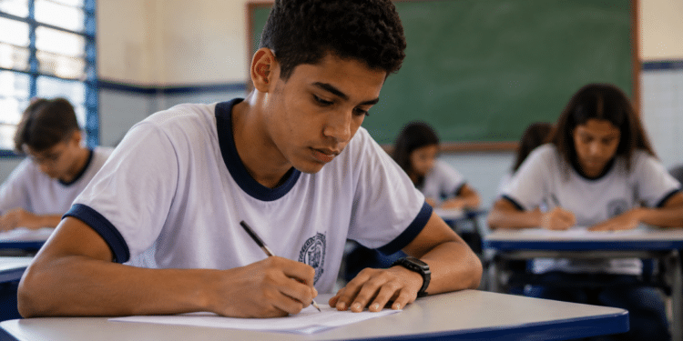 Estudante realiza prova em sala de aula, representando os classificados para a segunda fase da OBMEP 2026.