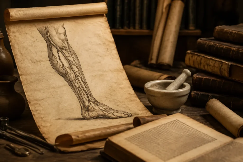 Ilustração histórica com manuscritos médicos antigos e desenho anatômico de veias relacionado à origem do termo variz.