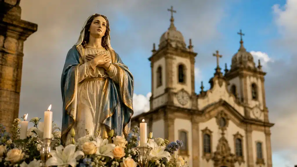 Imagem de Nossa Senhora diante de igreja católica representa a origem religiosa do feriado de 15 de agosto