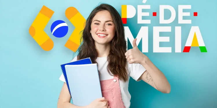 Arte com a marca do Pé-de-Meia sobre fundo azul e foto de estudante segurando cadernos com o polegar levantado, em referência ao pagamento do Incentivo Conclusão a alunos da EJA