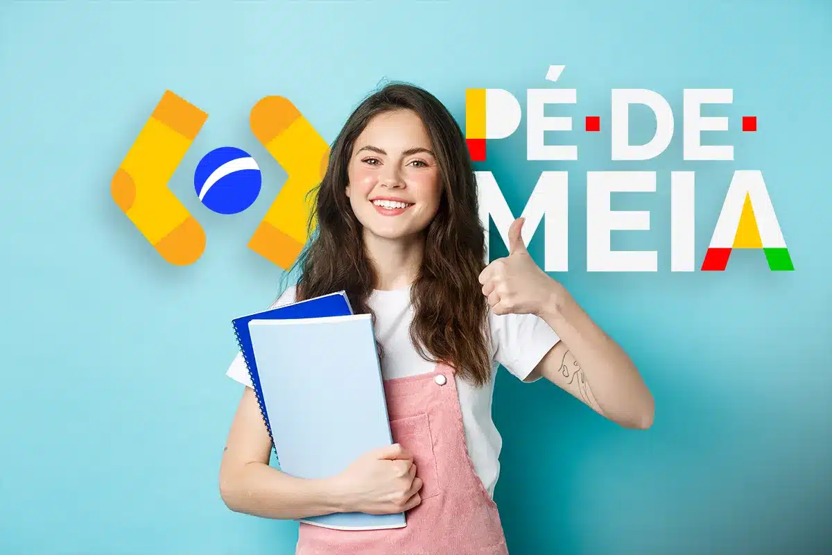 Imagem ilustrativa de estudante sorridente com material escolar e sinal de positivo ao lado da marca do Pé-de-Meia, representando o entendimento das regras do programa