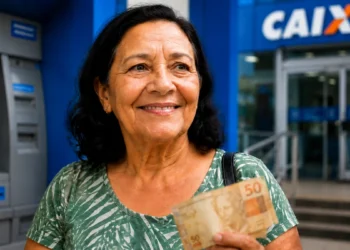 Beneficiária do INSS segura dinheiro em frente a uma agência bancária, representando os pagamentos acima do salário mínimo.