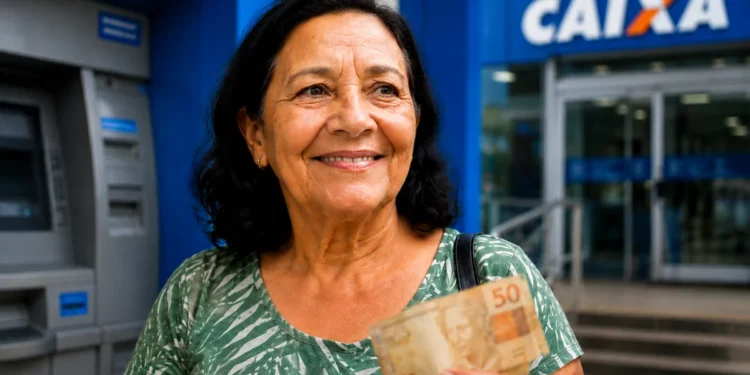 Beneficiária do INSS segura dinheiro em frente a uma agência bancária, representando os pagamentos acima do salário mínimo.
