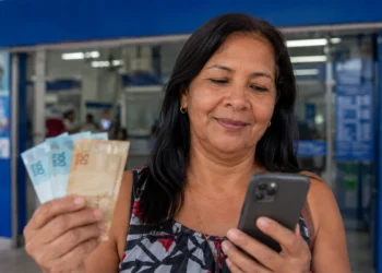 Mulher consulta o celular enquanto segura dinheiro, representando os pagamentos dos benefícios do INSS referentes a agosto e a consulta de informações pelo Meu INSS e pelo telefone 135.