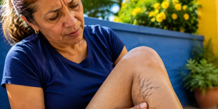 Mulher observa veias aparentes na perna, representando as varizes e a discussão sobre o uso da palavra no singular.
