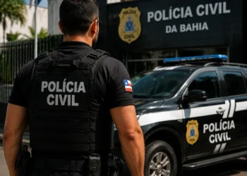 Policial civil em frente a viatura da Polícia Civil da Bahia representando o concurso PC BA para Investigador.