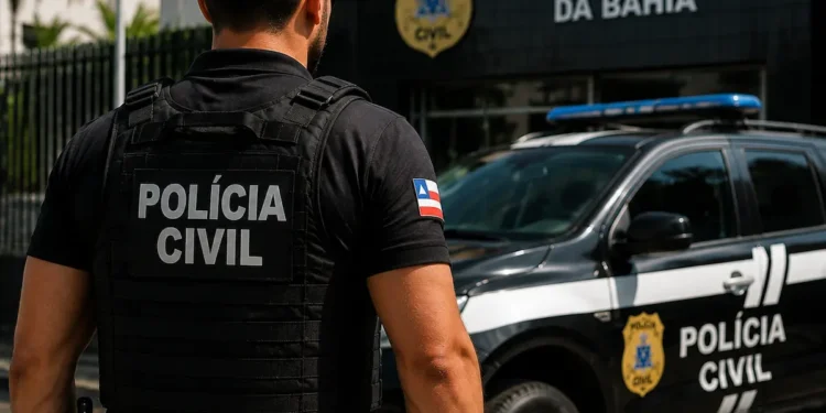 Policial civil em frente a viatura da Polícia Civil da Bahia representando o concurso PC BA para Investigador.