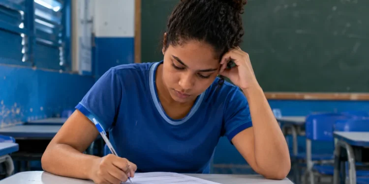 Estudante fazendo prova em sala de aula, representando o período para solicitação de reaplicação do Encceja 2026.