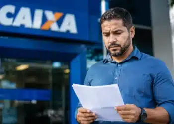 Homem segura documento em frente a uma agência da Caixa, representando o saldo do FGTS retido após pedido de demissão.