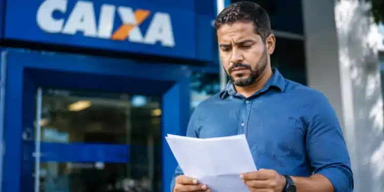 Homem segura documento em frente a uma agência da Caixa, representando o saldo do FGTS retido após pedido de demissão.