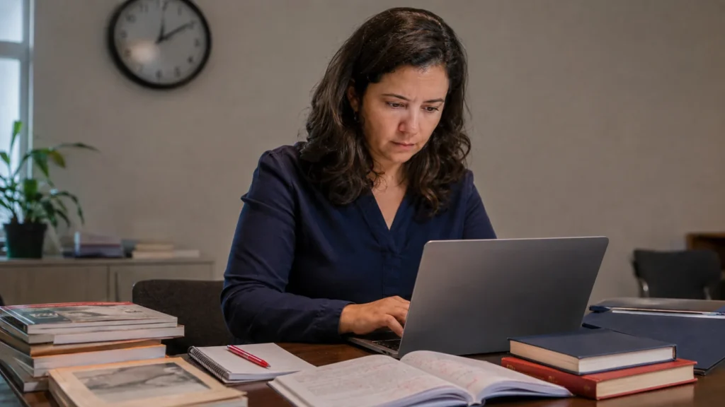 Mulher revisando materiais do PNLD em notebook durante processo de correção de obras literárias