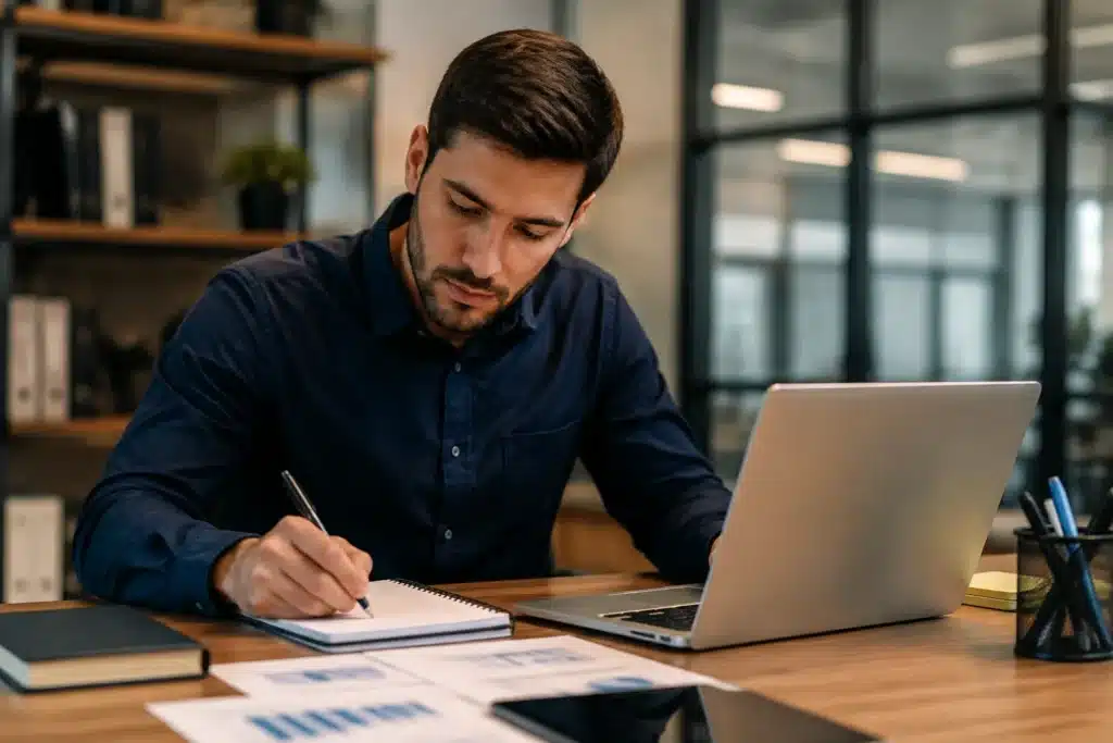 Profissional com formação técnica estudando estratégias de gestão em ambiente corporativo