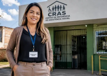 Assistente social em frente a uma unidade do CRAS, Centro de Referência de Assistência Social.