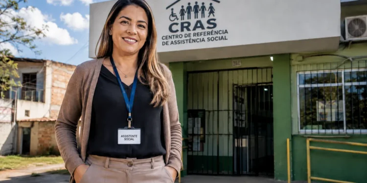 Assistente social em frente a uma unidade do CRAS, Centro de Referência de Assistência Social.