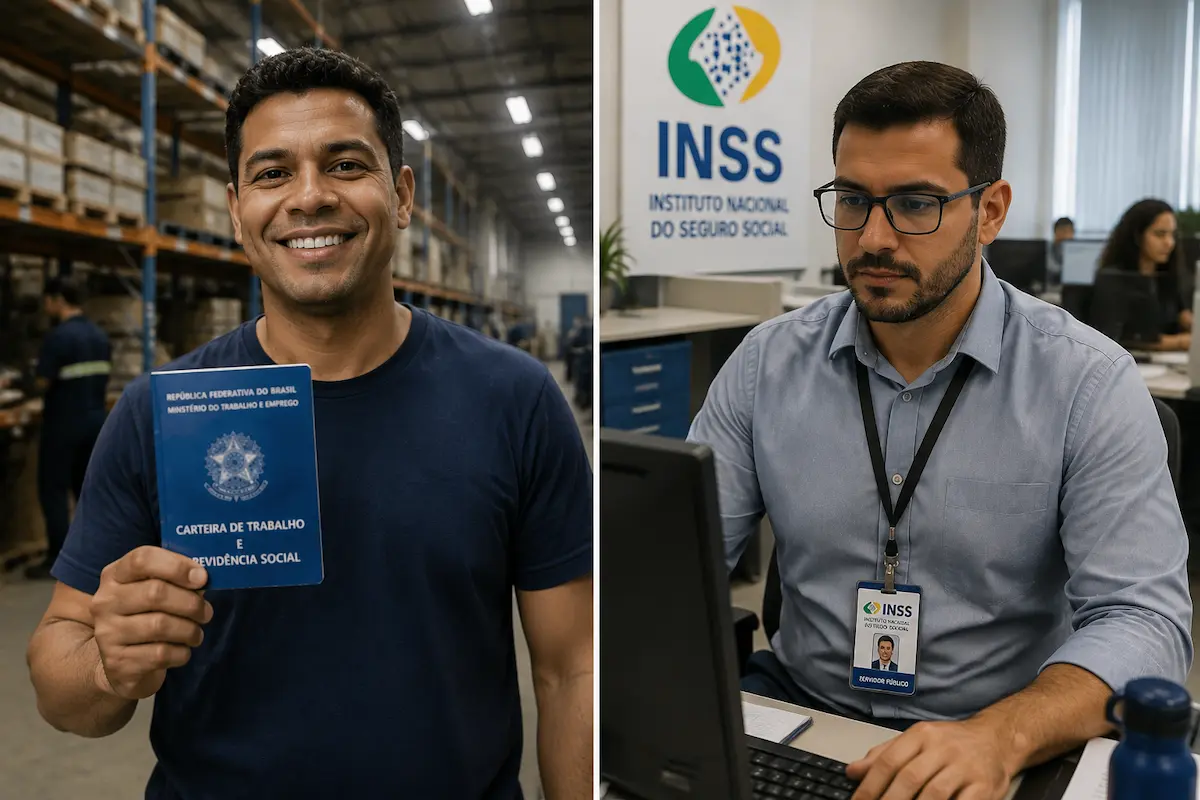 Comparação entre trabalhador CLT com carteira de trabalho e servidor público do INSS em ambiente profissional.