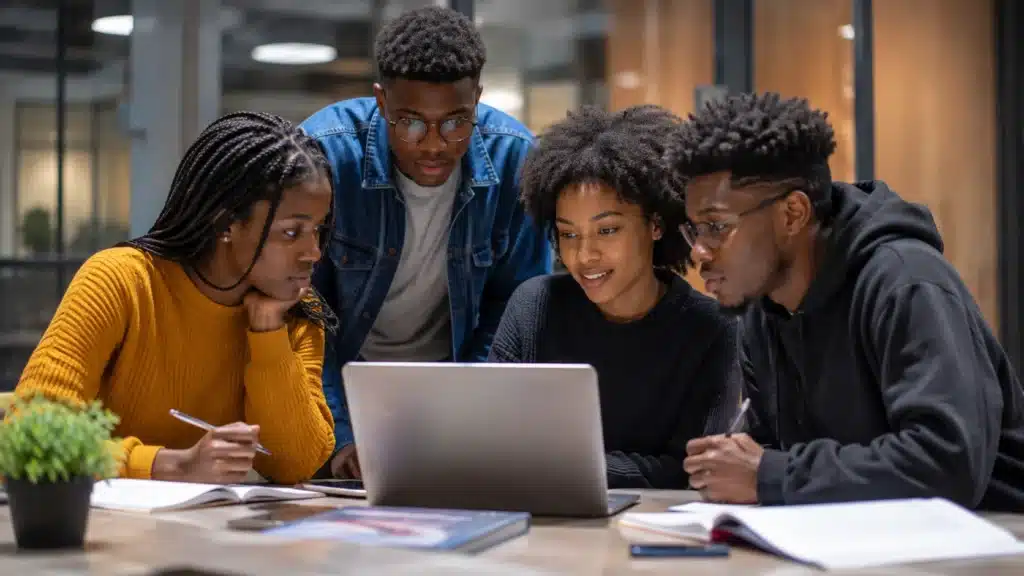 Jovens negros estudam juntos com notebook, representando o apoio oferecido pelo programa Black STEM durante a graduação.