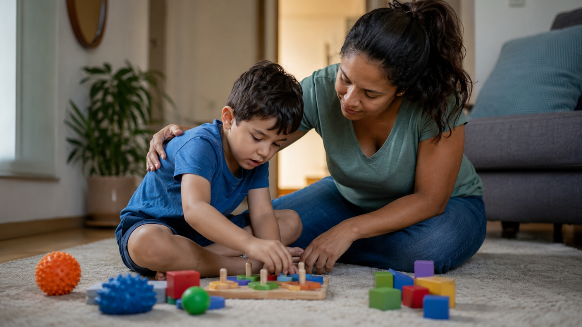Mãe atípica acompanha o filho durante atividade lúdica e educativa em casa.
