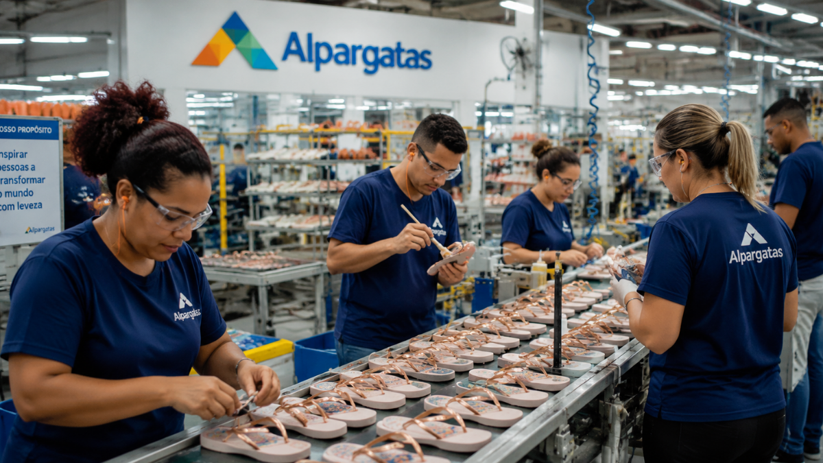 Funcionários da Alpargatas trabalham na produção de calçados em unidade industrial da empresa.