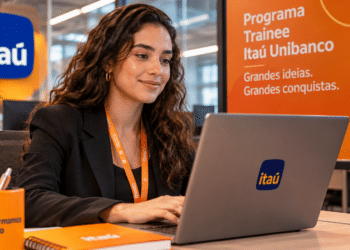 Profissional participa do Programa Trainee Itaú 2027 enquanto trabalha em um notebook no escritório.