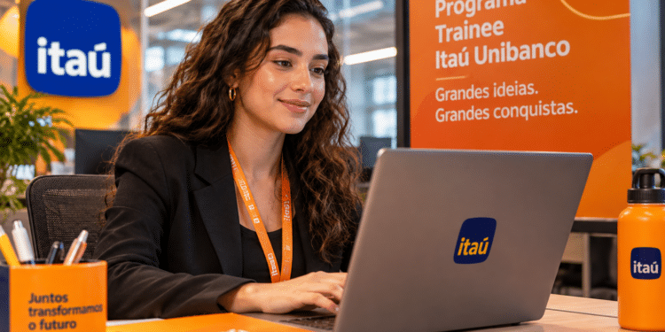 Profissional participa do Programa Trainee Itaú 2027 enquanto trabalha em um notebook no escritório.