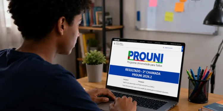 Estudante consulta no notebook o resultado da segunda chamada do Prouni 2026.2.