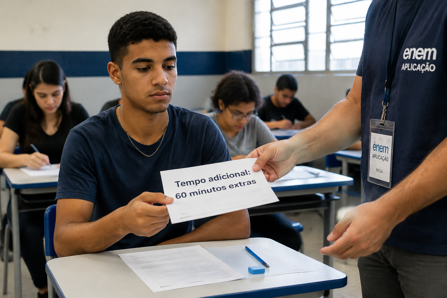 Estudante recebe orientação sobre tempo adicional de 60 minutos durante aplicação da prova do Enem 2026.