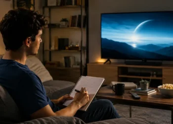 Estudante assiste a um filme enquanto faz anotações para ampliar o repertório para a redação do Enem 2026.